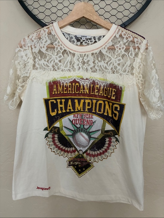 Desigual Tops - Desigual Baseball NY Queens Tee Shirt with Lace Detailing sleeves